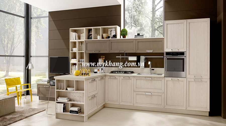 Mẫu tủ bếp gỗ tự nhiên thiết kế hiện đại cho không gian bếp